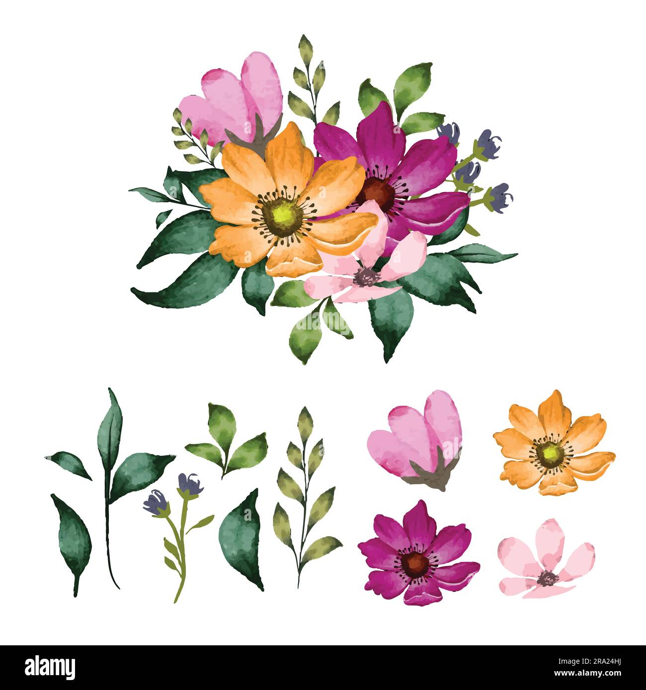 Bouquet floral avec fleurs isolées et feuilles peintes à l'aquarelle Illustration de Vecteur