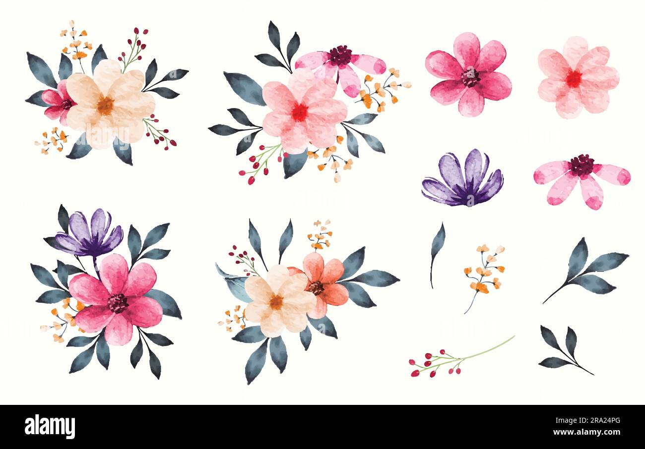 Fleurs et feuilles isolées de couleur pastel avec bouquet Illustration de Vecteur