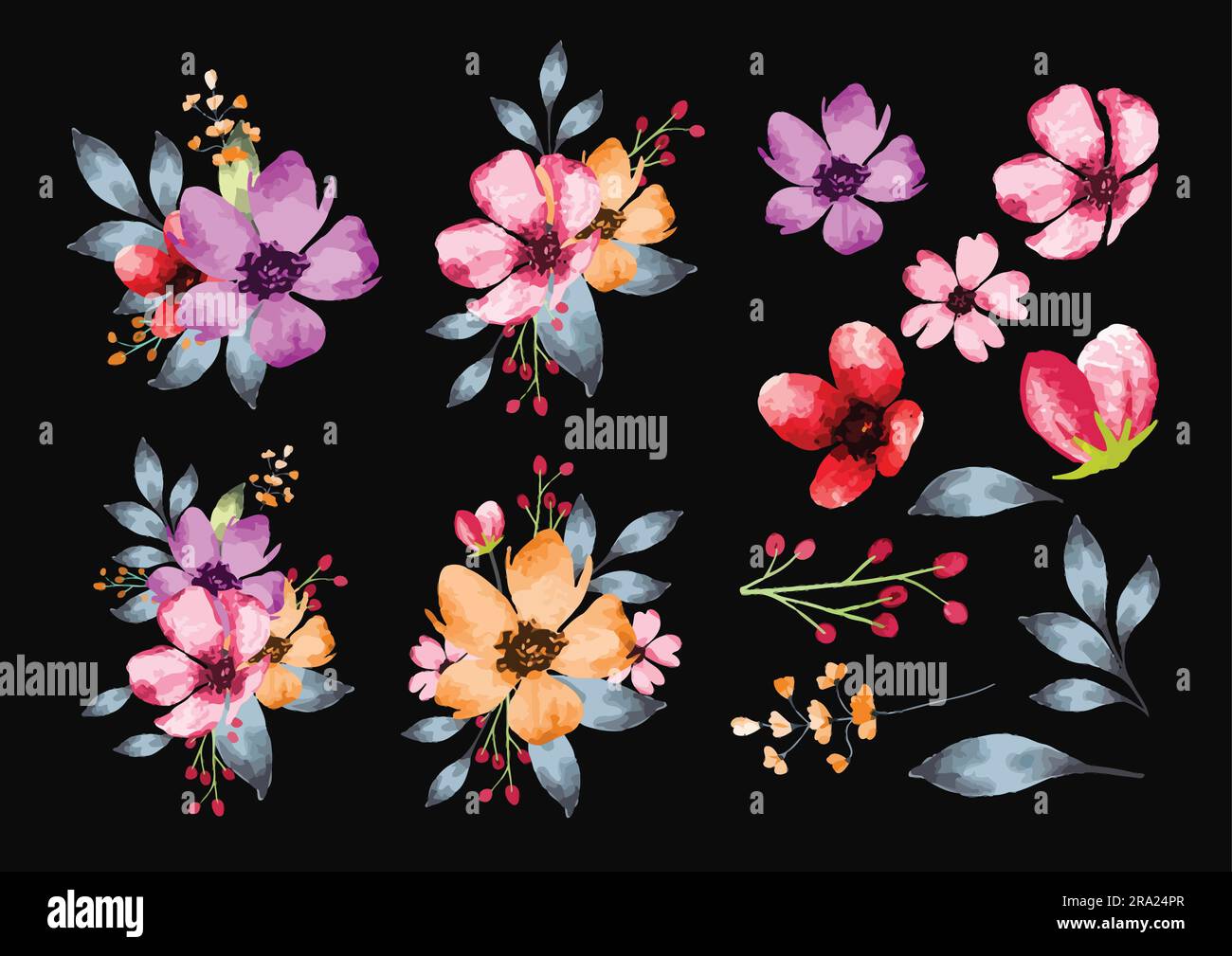 Fleurs et feuilles isolées de couleur pastel de style aquarelle Illustration de Vecteur
