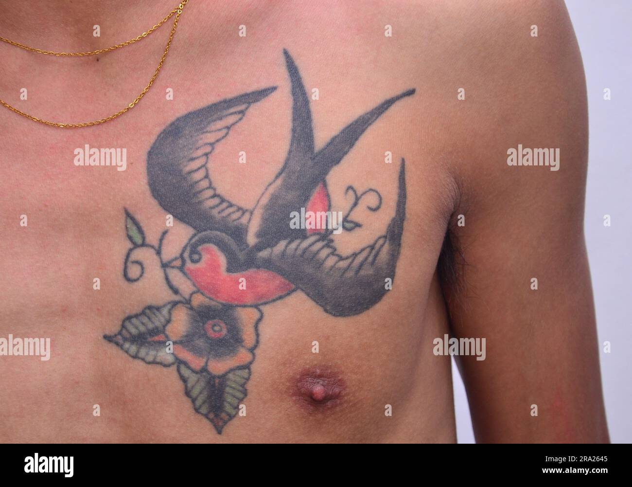 Un tatouage d'un oiseau, une hirondelle, en vol sur la poitrine d'un jeune homme Banque D'Images