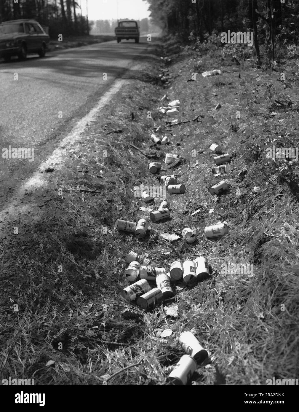 Beaucoup de canettes de bière vides jonchant le bord de la route dans un fossé Banque D'Images