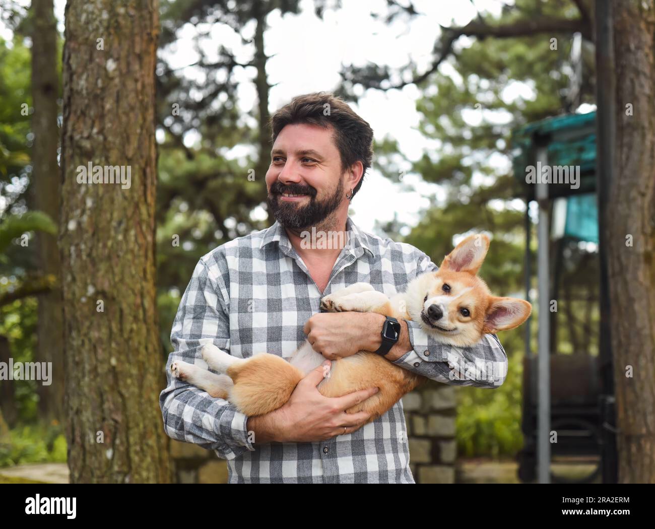 Homme barbu heureux tenant son chien corgi gallois et sourit Banque D'Images