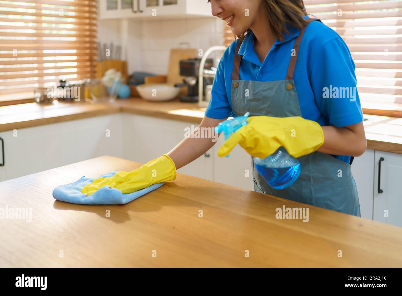 Une femme de ménage asiatique habile utilise sans effort une nappe et un pulvérisateur dans sa cuisine, démontrant son expertise dans la création d'un propre et accueillant s Banque D'Images
