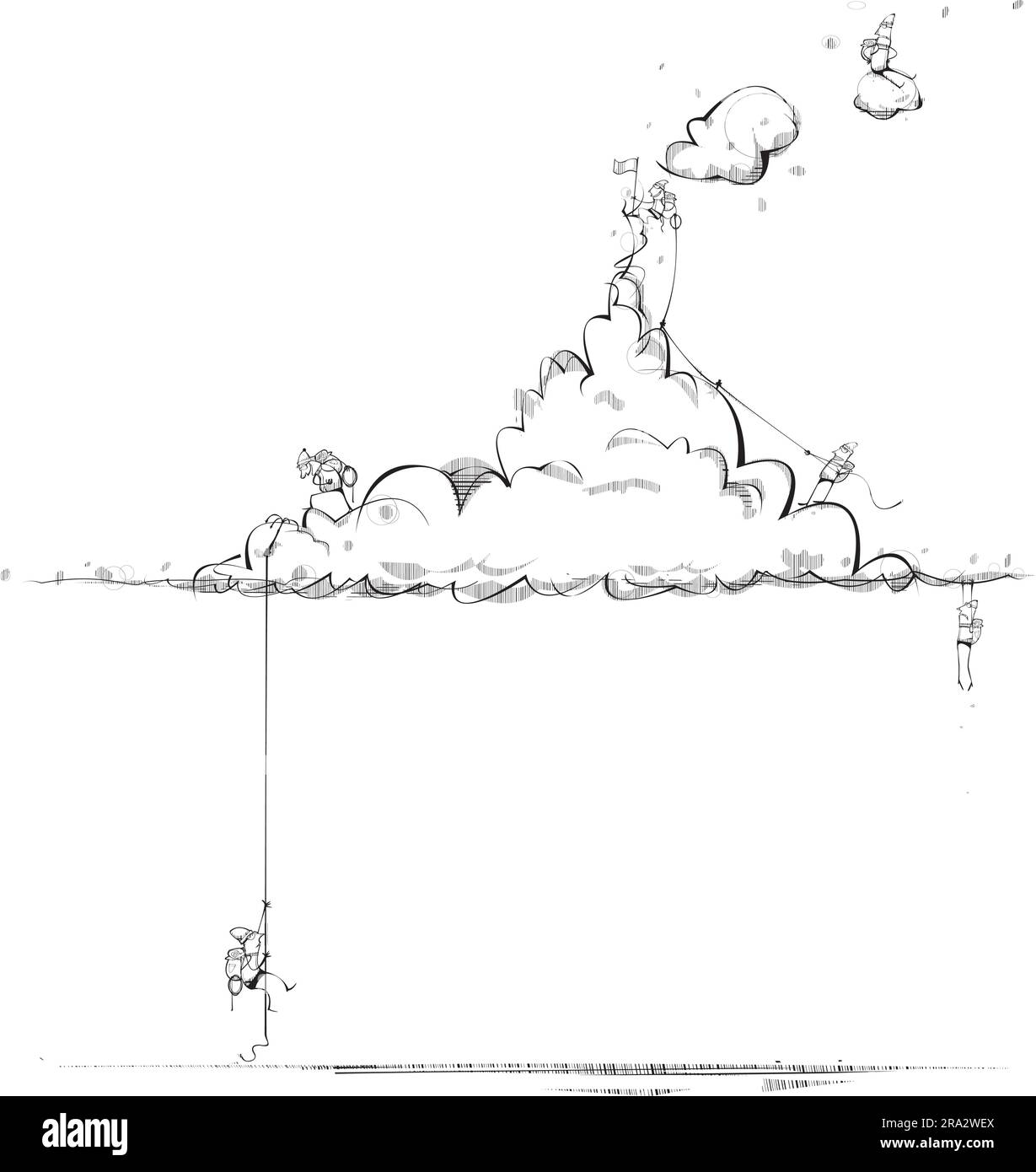 Hommes grimpant sur une montagne de nuages Illustration de Vecteur