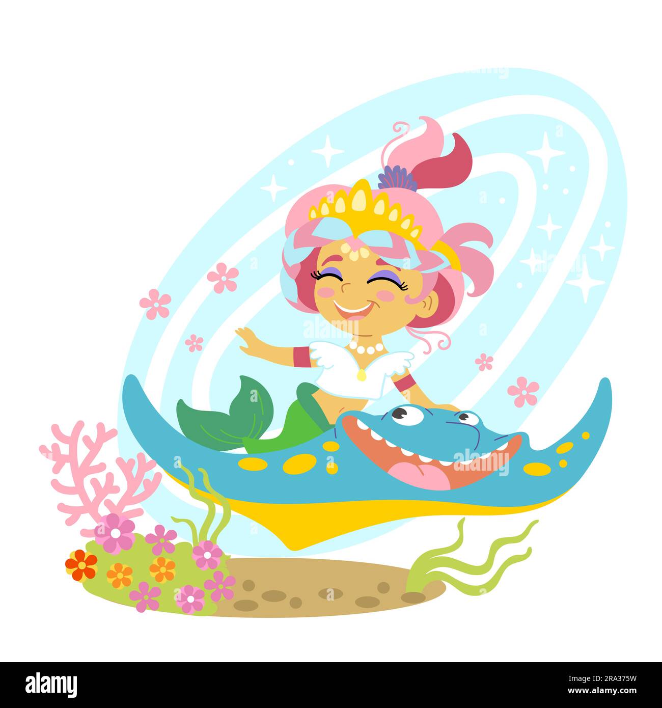 Mignonne de mermaid sur une promenade en mer. Illustration de dessin ...
