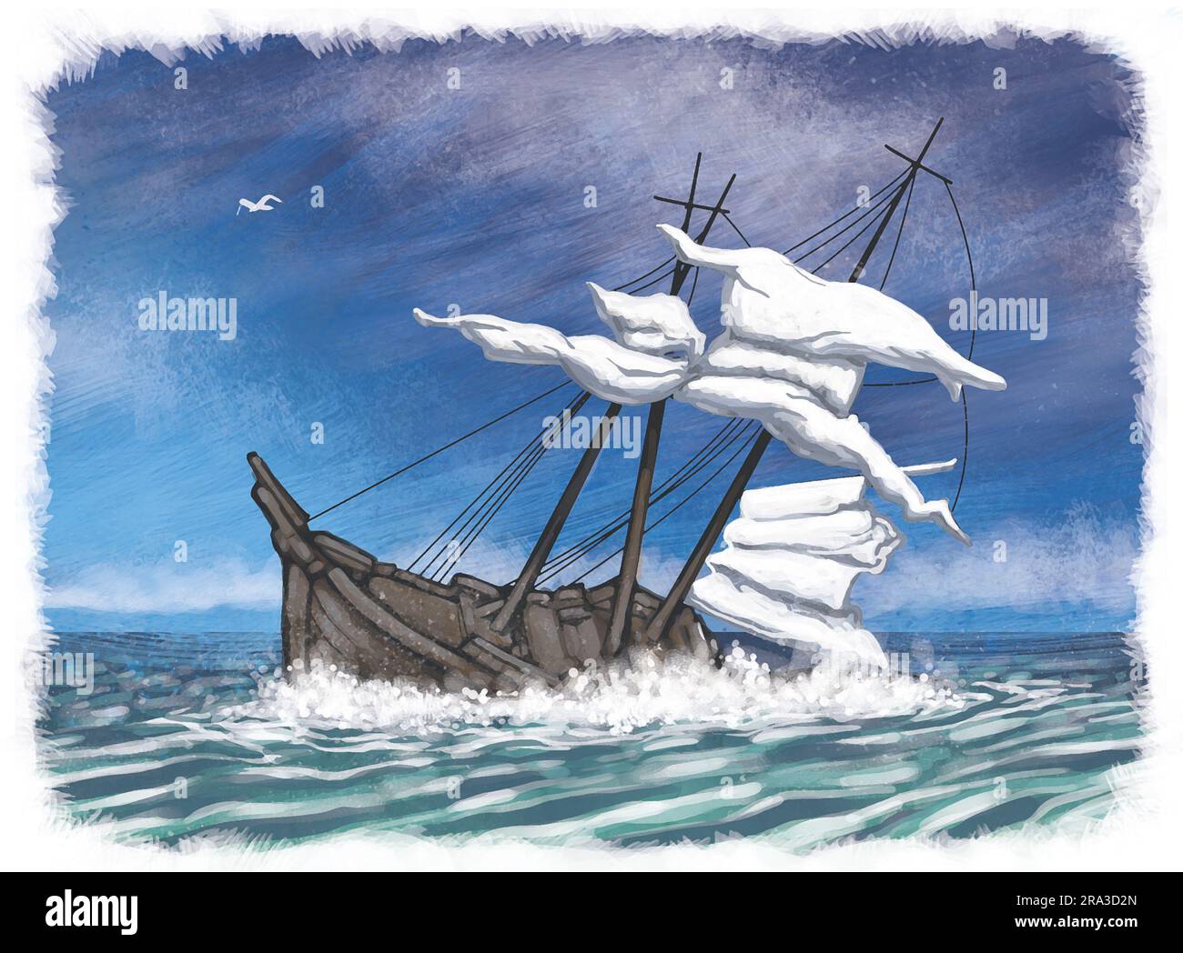 Illustration artistique d'un voilier du 19th siècle, d'une barque, d'un barc ou d'un naufrage d'écorce et abandonnée. Ce type de navire a trois mâts ou plus Banque D'Images