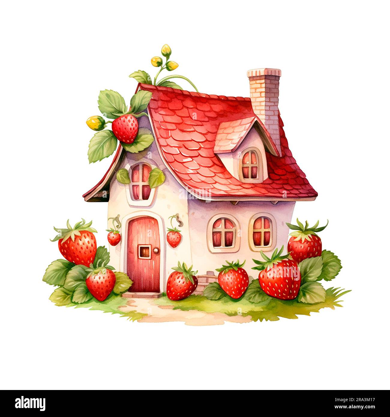 Aquarelle fraise maison. Illustration mignonne avec une petite maison dans les feuilles, la conception de cartes et plus encore. Banque D'Images