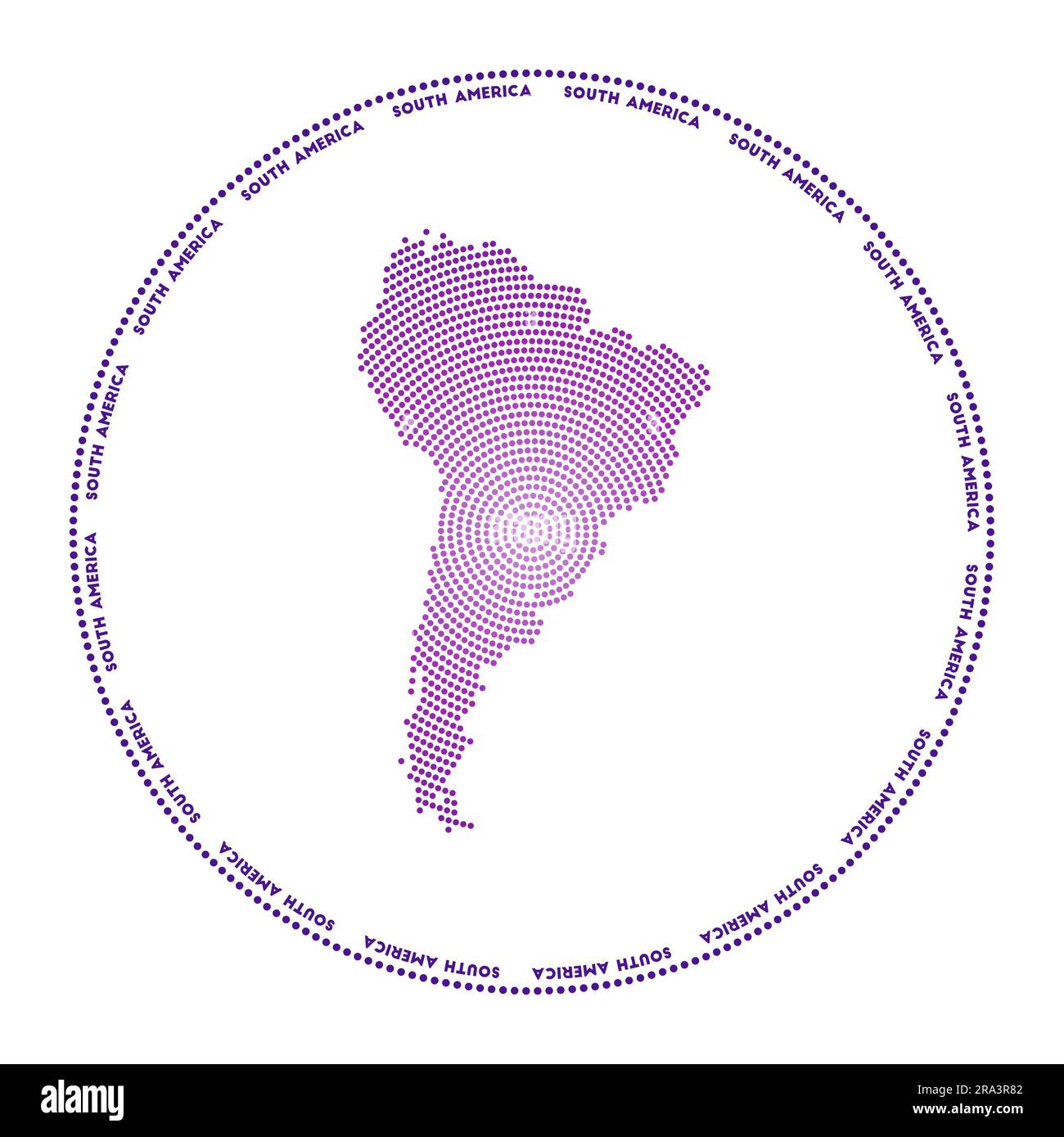 Logo rond en Amérique du Sud. Forme de style numérique de l'Amérique du Sud en cercle pointillé avec le nom du continent. Icône technologique du continent avec points en dégradé. Illustration de Vecteur