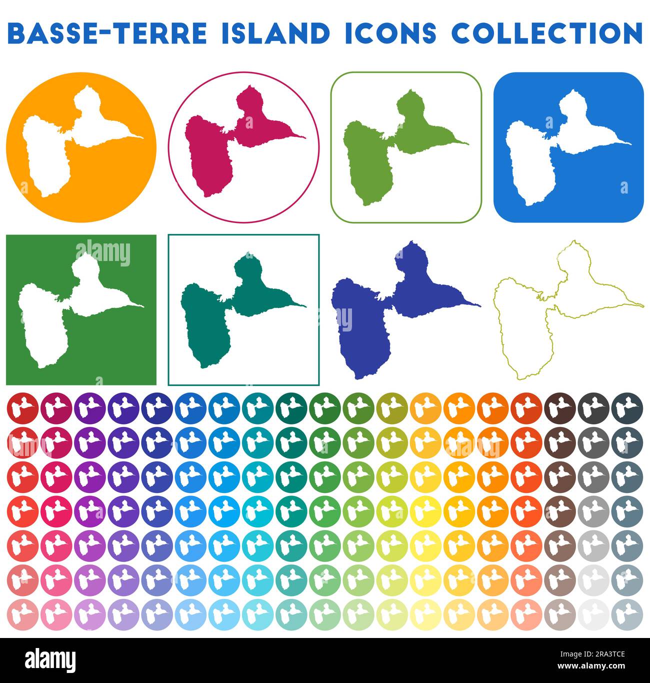 Collection d'icônes de Basse-Terre Island. Icônes de carte tendance colorées et lumineuses. Badge moderne de l'île de Basse-Terre. Illustration vectorielle. Illustration de Vecteur