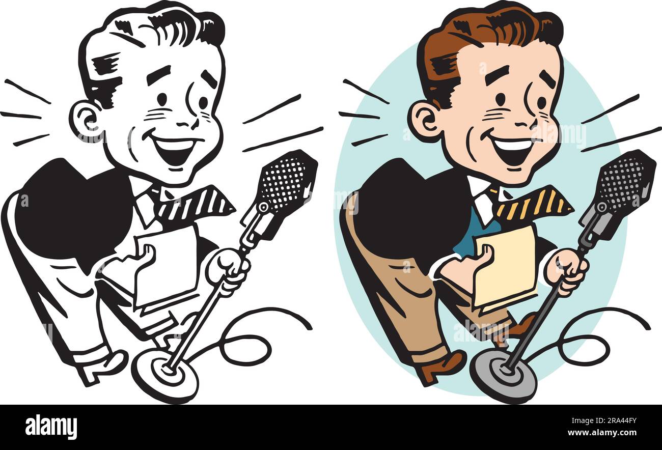Un dessin animé rétro vintage d'un homme faisant une annonce dans un microphone. Illustration de Vecteur
