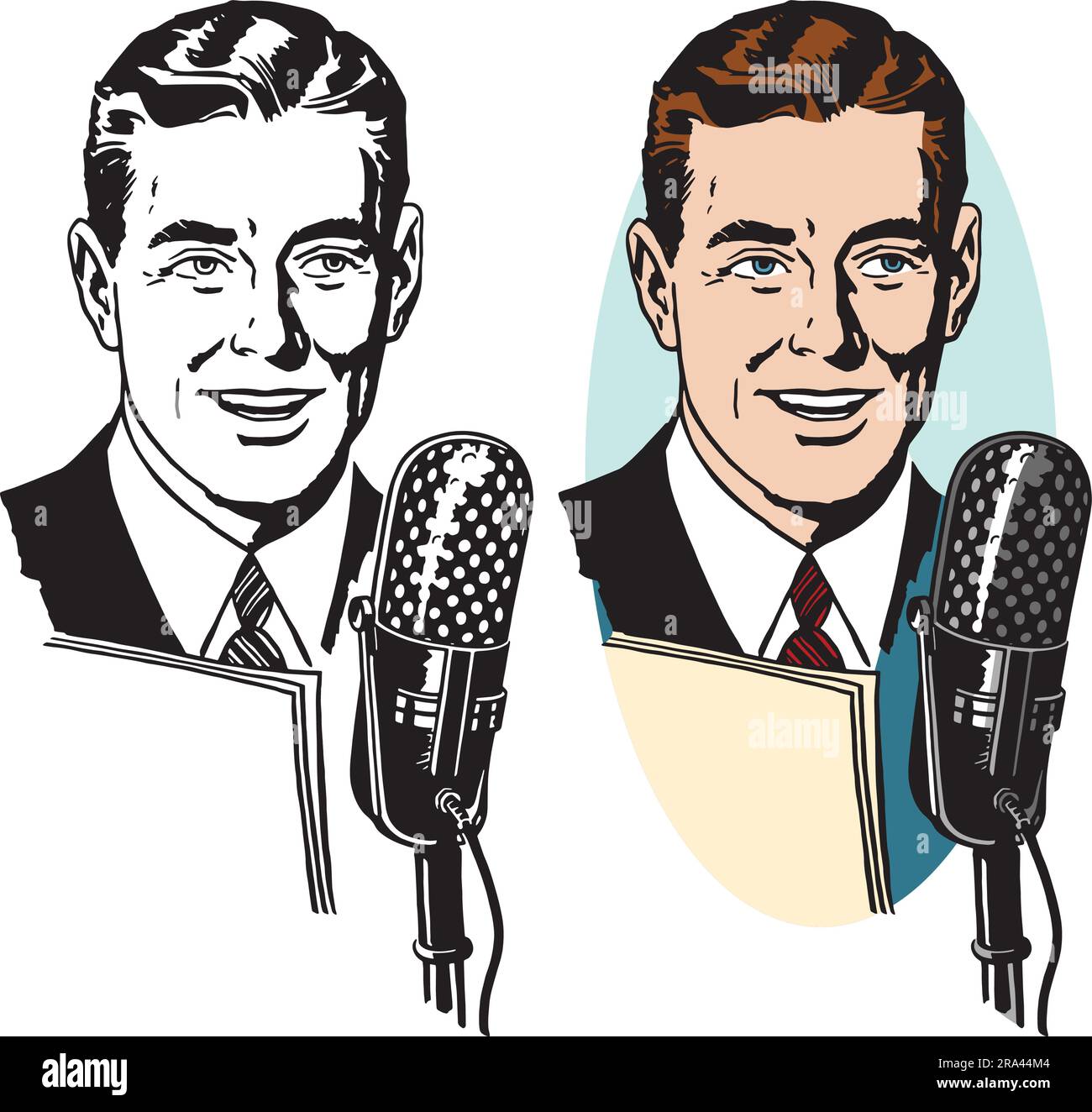 Une illustration rétro vintage d'un homme faisant une annonce dans un microphone. Illustration de Vecteur
