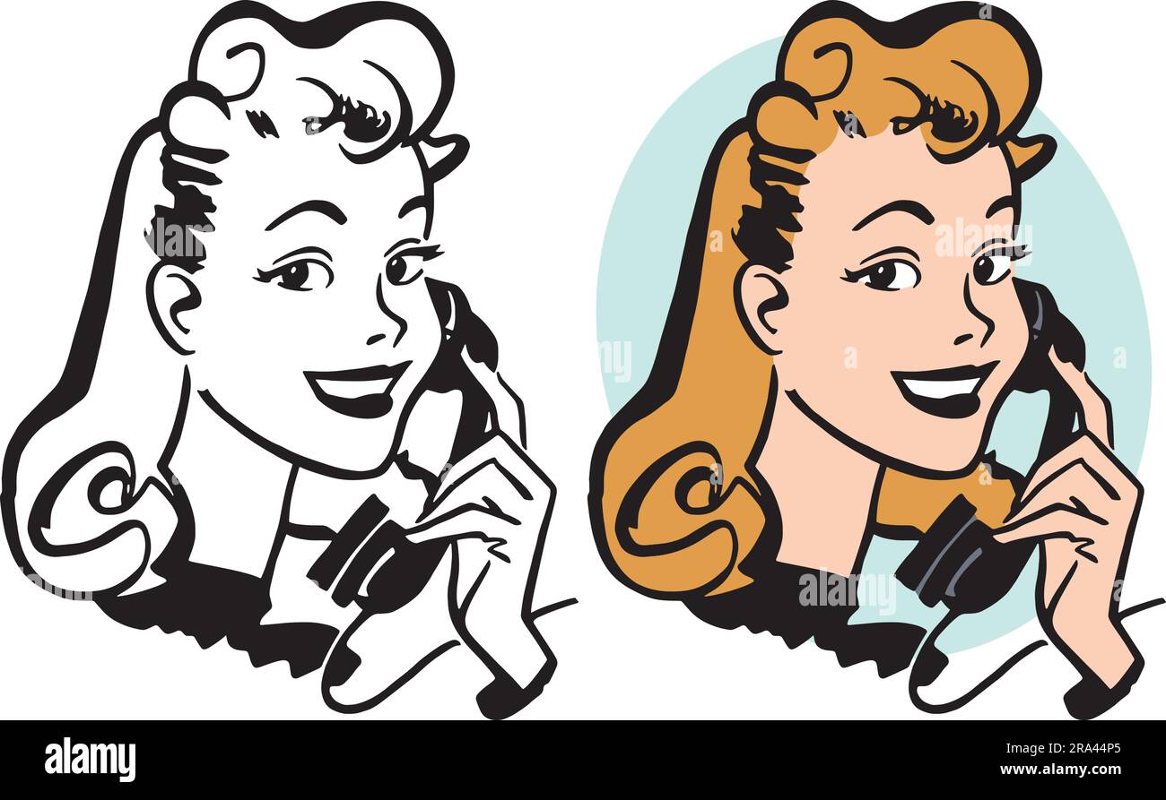 Un dessin animé rétro vintage d'une femme parlant sur un téléphone ancien. Illustration de Vecteur