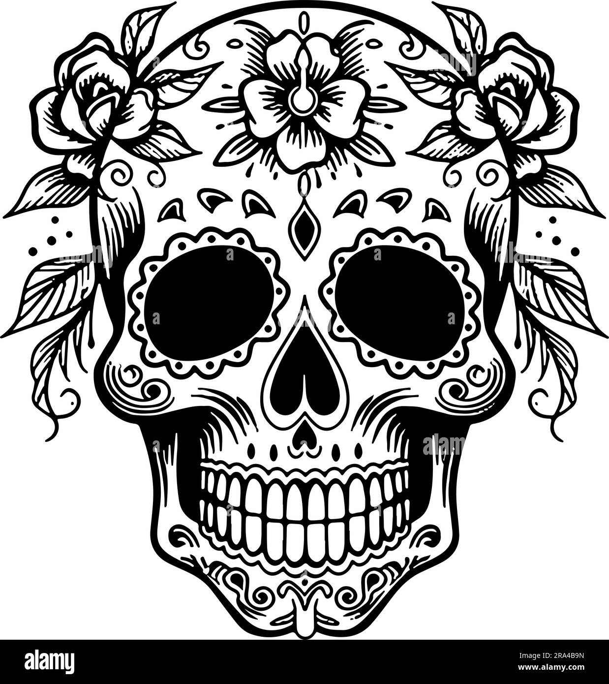 crâne avec fleurs vecteur art inspiré par lo dia de los muertos Illustration de Vecteur