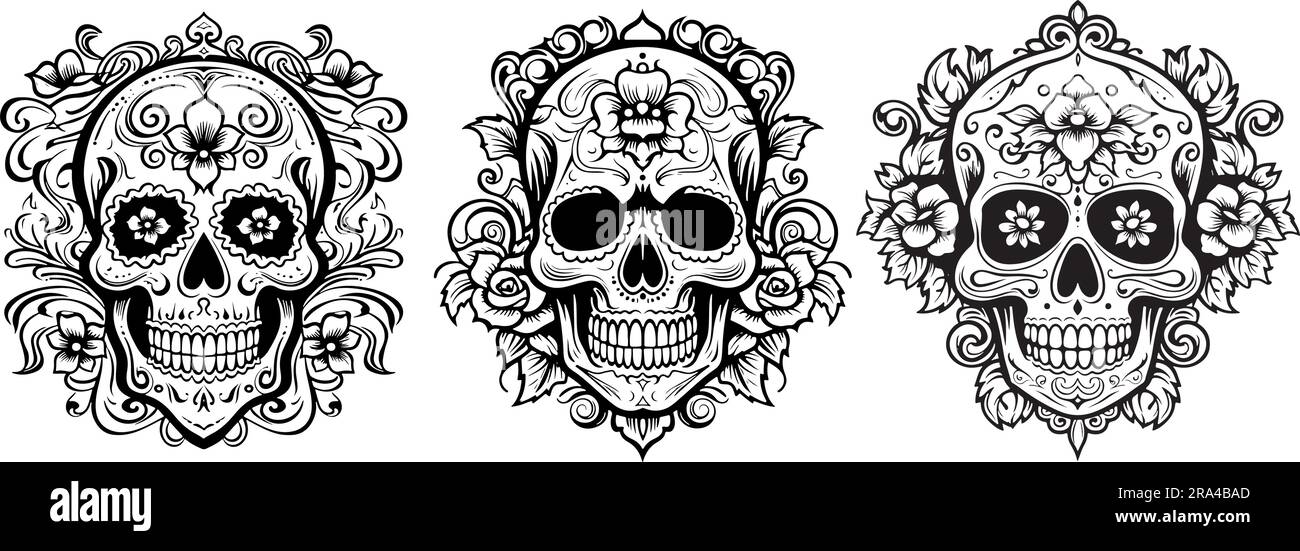 crâne avec fleurs vecteur art inspiré par lo dia de los muertos Illustration de Vecteur