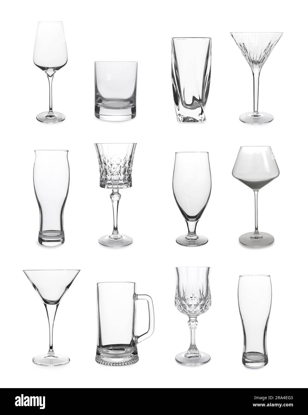 Collage avec différents verres vides sur fond blanc Banque D'Images