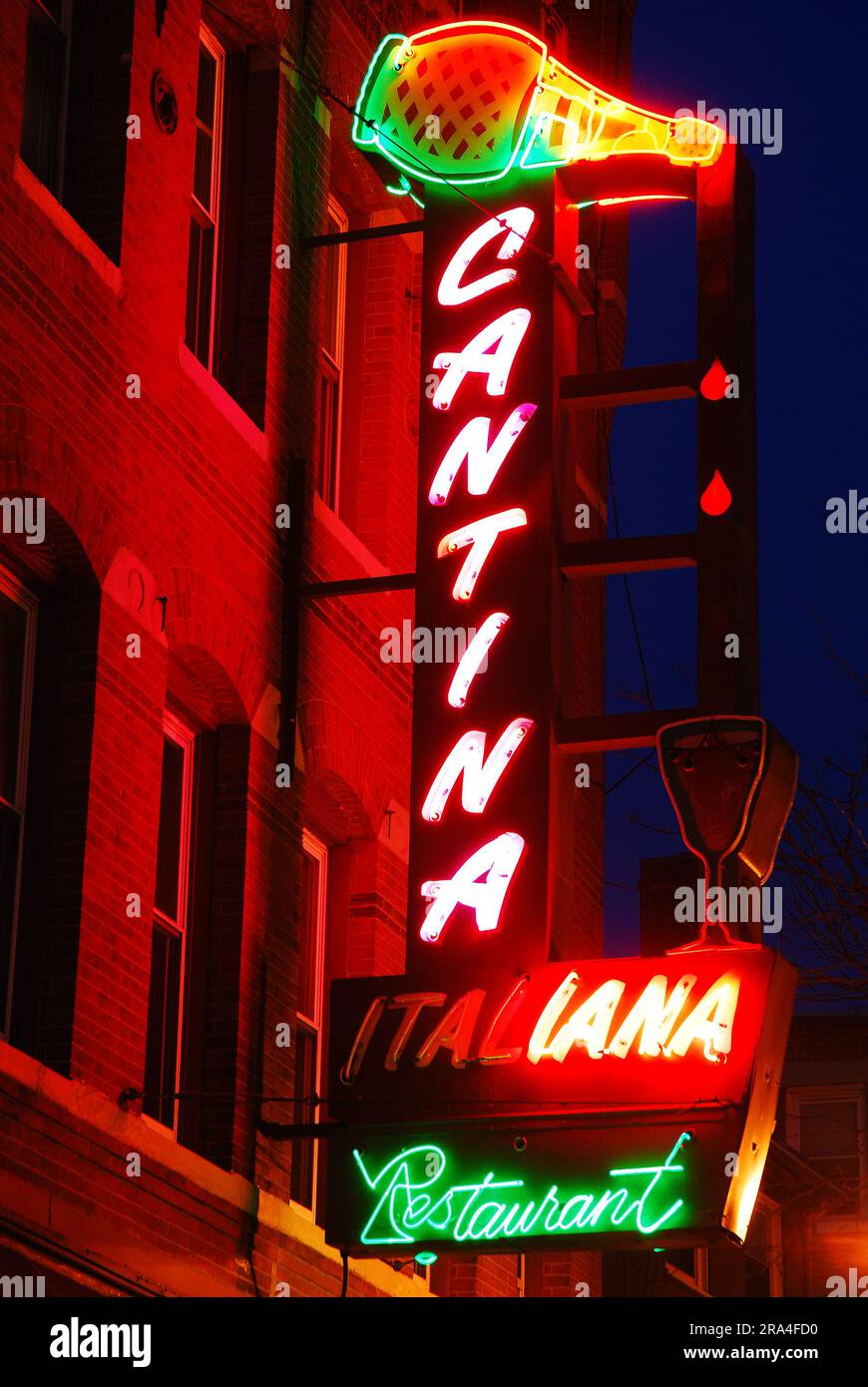 Un grand panneau néon pour un café et un restaurant Cantina illumine une scène nocturne dans le North End de Boston Banque D'Images