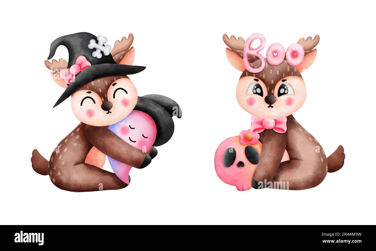 L'art magique du renne d'halloween Chapeau de sorcière noir, fantôme rose, crâne rose et dessin d'aquarelle mignon.Halloween décoration de fête. Banque D'Images
