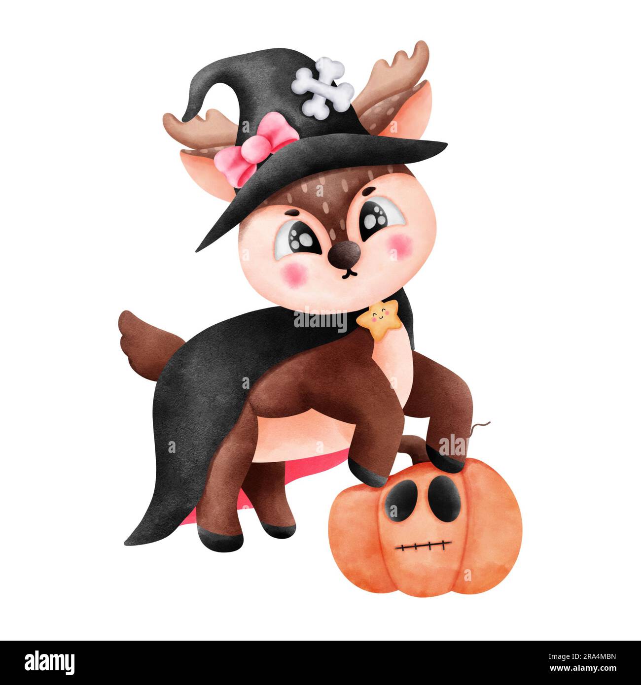 Entrez dans le monde magique d'halloween avec cette adorable aquarelle. Un joli renne dans un chapeau de sorcière et un noeud rose marche sur une citrouille, étendant la joie. Par Banque D'Images