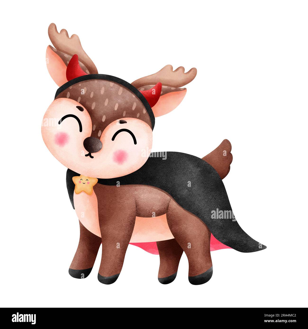 Illustration ludique d'halloween. Un petit renne souriant dans un cloak de sorcières avec des cornes de mort. Banque D'Images