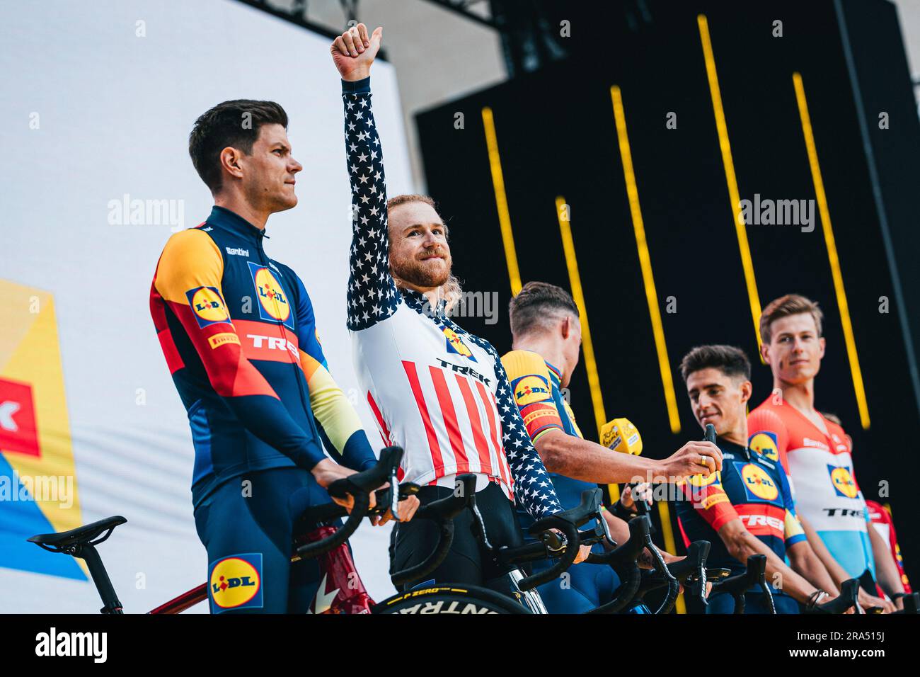 Bilbao, Espagne. 29th juin 2023. Photo par Alex Whitehead/SWpix.com - 29/06/2023 - Cyclisme - 2023 Tour de France - Grand départ: Team Presentation - Guggenheim Museum, Bilbao, pays Basque - Quinn Simmons de Lidl-Trek crédit: SWpix/Alay Live News Banque D'Images