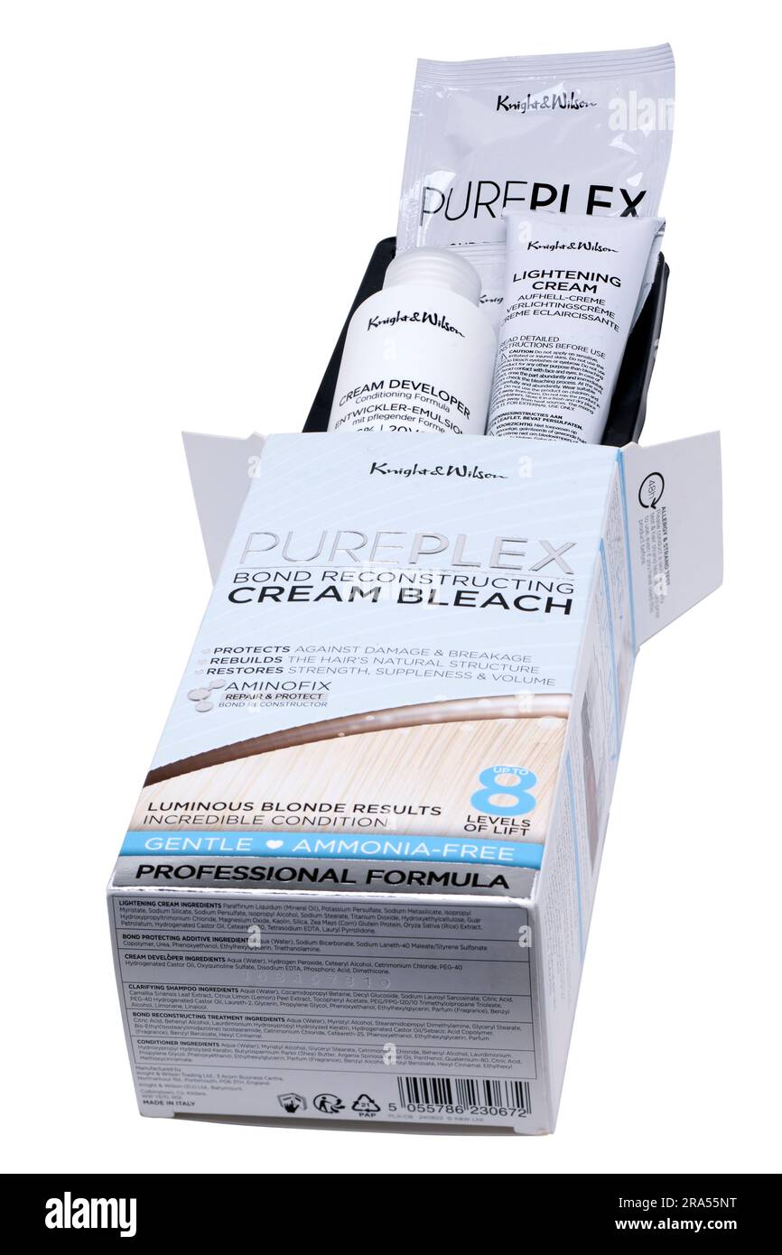 Boîte contenant le produit de blanchiment à la crème révolutionnaire Knight & Wilson Pureplex Banque D'Images