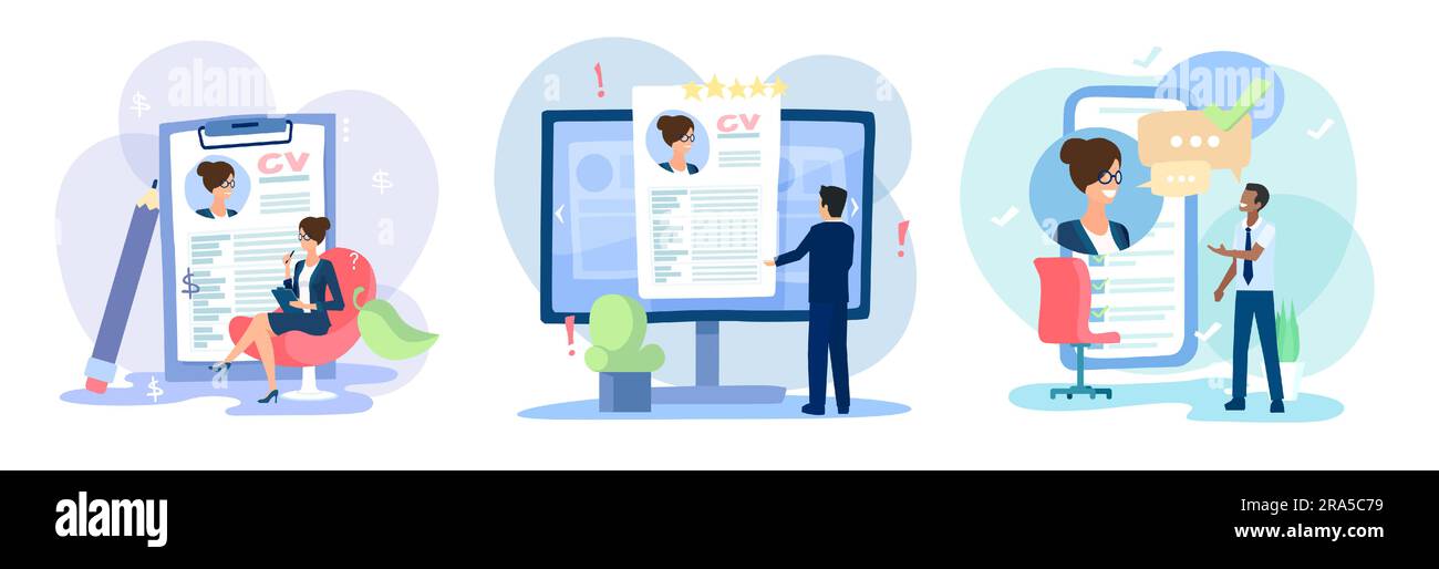 Concept du processus d'embauche et de recrutement. Ensemble vectoriel de responsables RH recherchant des candidats potentiels à un poste, écrivant un CV et postulant à un poste vacant Illustration de Vecteur