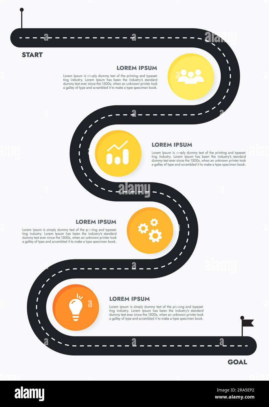 Le modèle d'infographie pour la visualisation des données des présentations et des fonctionnalités inclut un diagramme de processus avec des diagrammes, des étapes et des options. Le concept de marketi Banque D'Images