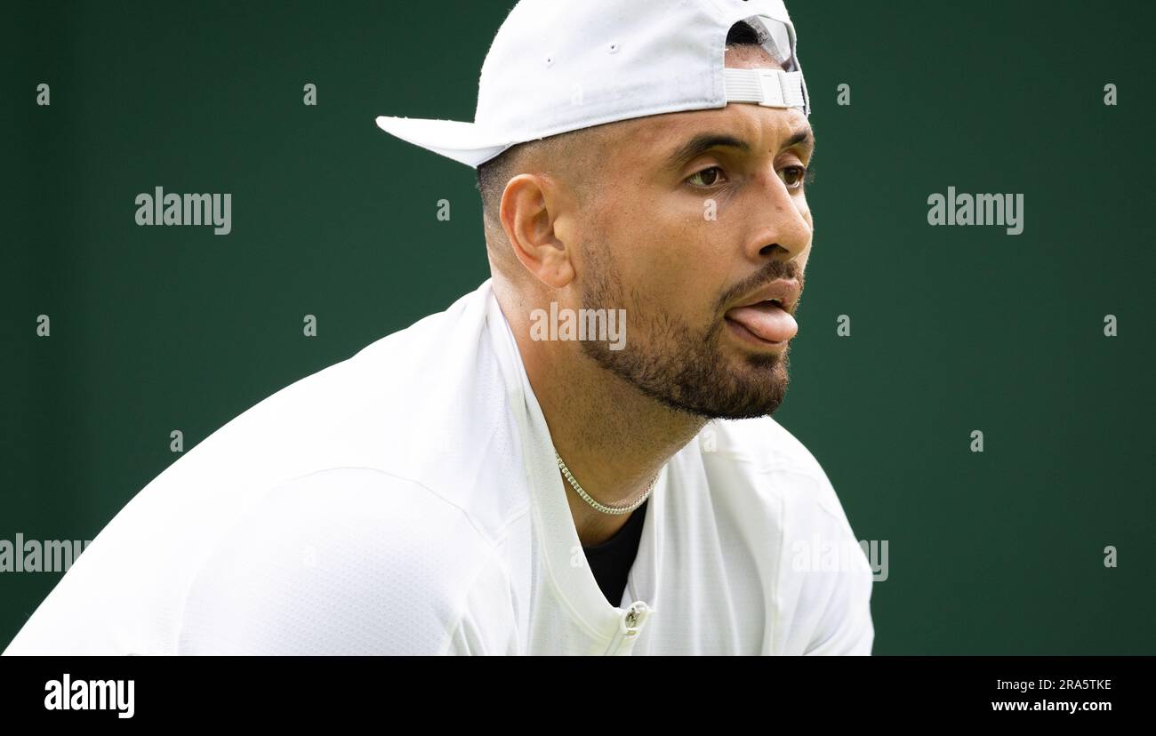 Londres, Royaume-Uni. 01st juillet 2023. L'australien Nick Kyrgios réagit lors d'une séance d'entraînement avant le tournoi de tennis de Wimbledon en 2023 au All England tennis Club, dans le sud-ouest de Londres, en Grande-Bretagne, le samedi 01 juillet 2023. BELGA PHOTO BENOIT DOPPAGNE crédit: Belga News Agency/Alay Live News Banque D'Images