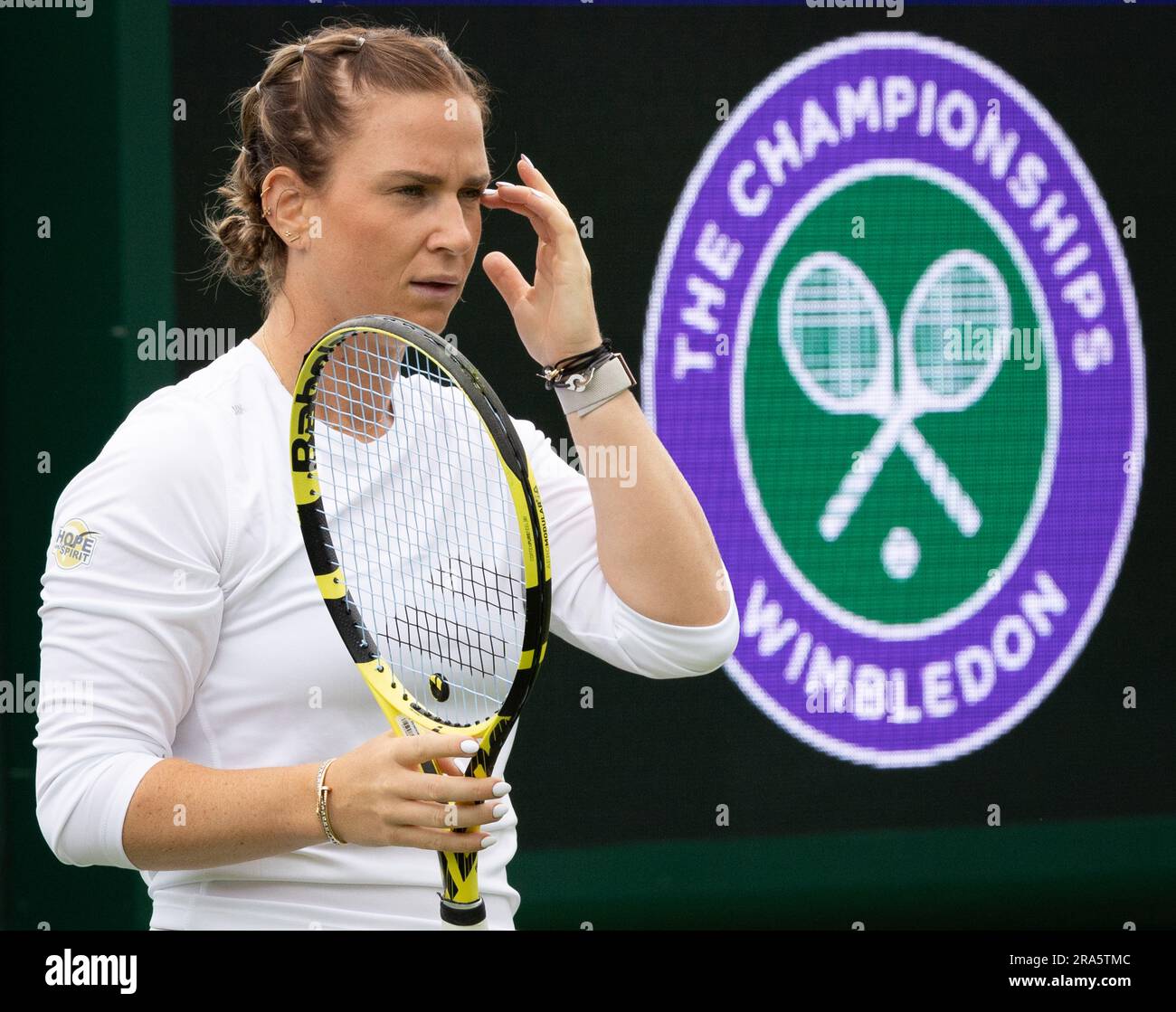 Londres, Royaume-Uni. 01st juillet 2023. Belge Ysalin Bonaventure photographié lors d'une séance d'entraînement avant le tournoi de tennis de grande envergure de Wimbledon 2023 au All England tennis Club, dans le sud-ouest de Londres, en Grande-Bretagne, le samedi 01 juillet 2023. BELGA PHOTO BENOIT DOPPAGNE crédit: Belga News Agency/Alay Live News Banque D'Images
