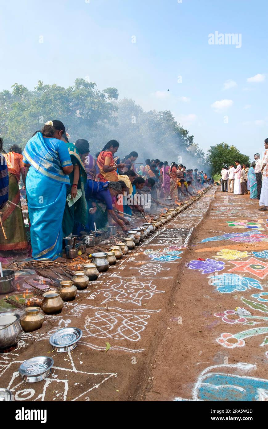 Femmes célébrant Sevvai Mardi Festival Pongal sur le foyer de bois de chauffage à Paganeri près de Karaikudi, Tamil Nadu, Inde du Sud, Inde, Asie. Cuisson Banque D'Images