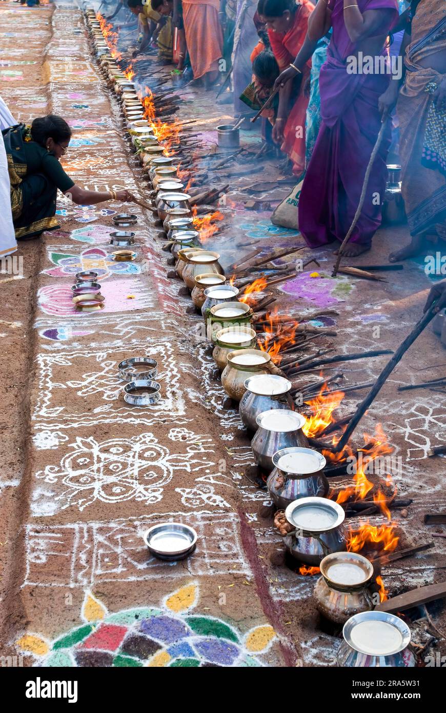 Femmes célébrant Sevvai Mardi Festival Pongal sur le foyer de bois de chauffage à Paganeri près de Karaikudi, Tamil Nadu, Inde du Sud, Inde, Asie. Cuisson Banque D'Images