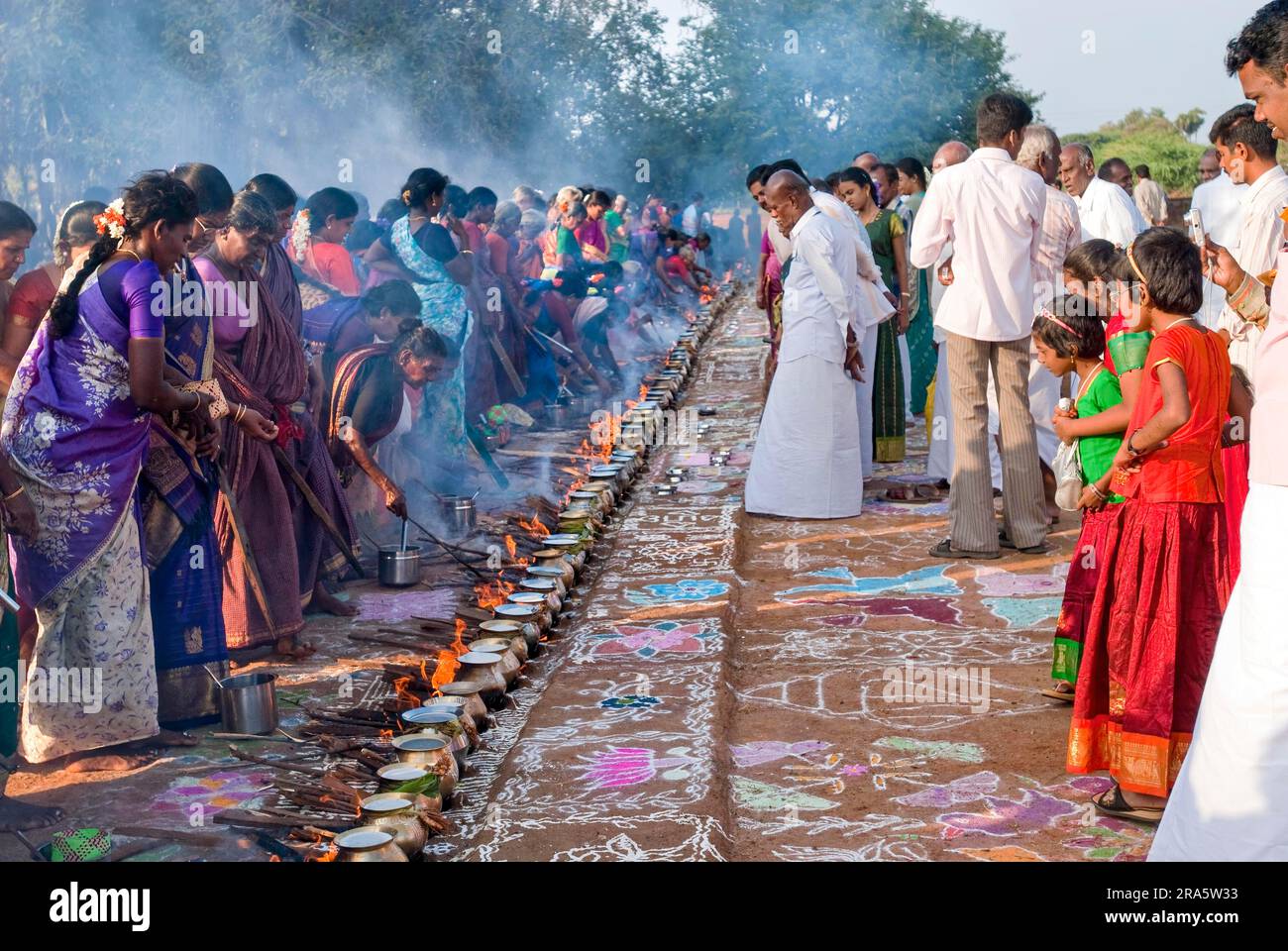 Femmes célébrant Sevvai Mardi Festival Pongal sur le foyer de bois de chauffage à Paganeri près de Karaikudi, Tamil Nadu, Inde du Sud, Inde, Asie. Cuisson Banque D'Images
