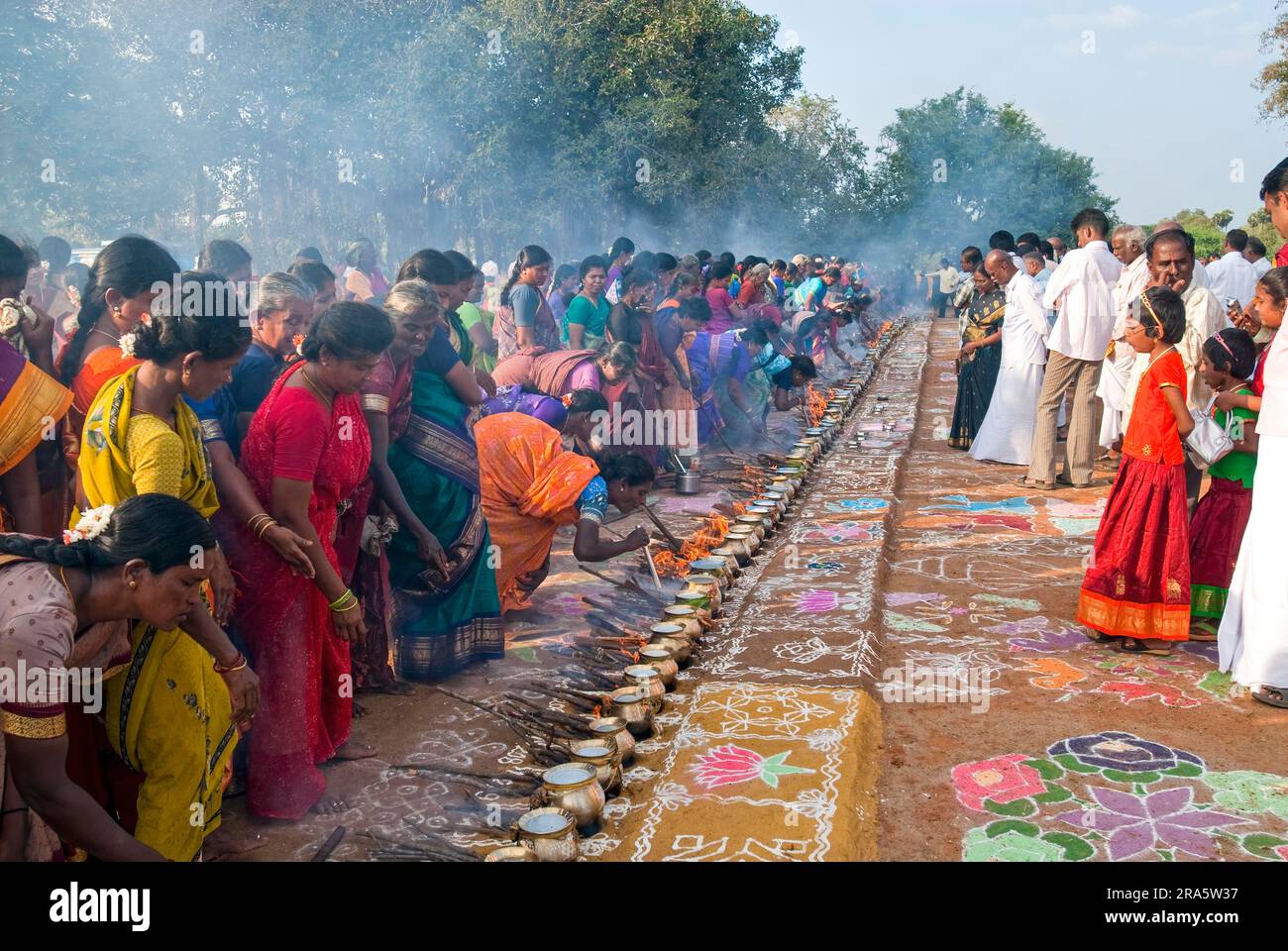 Femmes célébrant Sevvai Mardi Festival Pongal sur le foyer de bois de chauffage à Paganeri près de Karaikudi, Tamil Nadu, Inde du Sud, Inde, Asie. Cuisson Banque D'Images