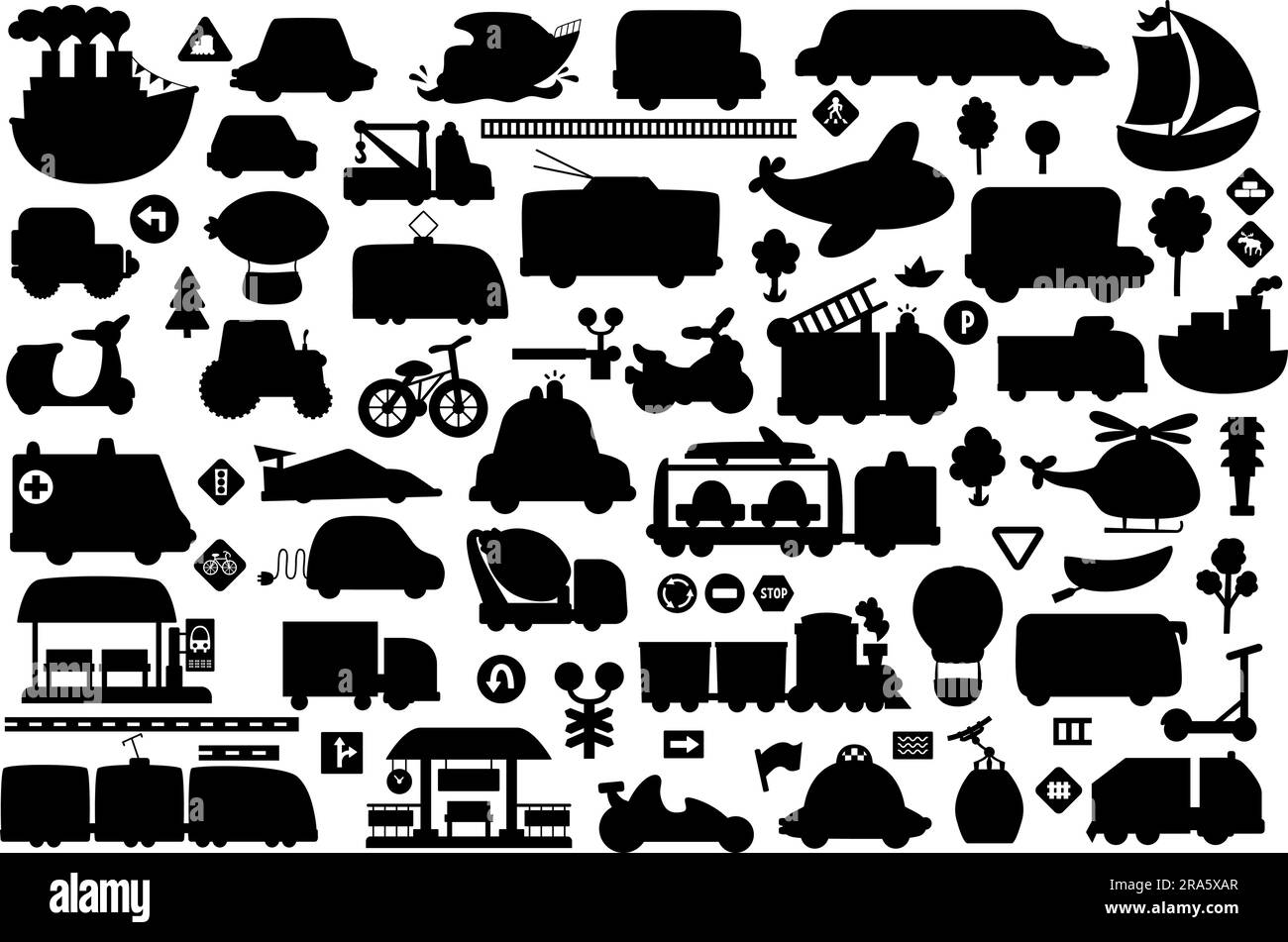 Jeu de silhouettes de transport vectoriel. Collection d'icônes noires avec différents types de transport. Illustrations de l'ombre de la route avec bus, voiture, boa Illustration de Vecteur