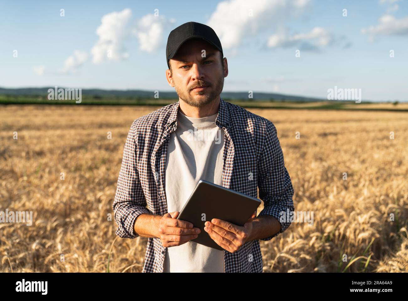 L'agriculteur examine le domaine des céréales et envoie des données au nuage à partir de la tablette. Agriculture intelligente et agriculture numérique. Banque D'Images