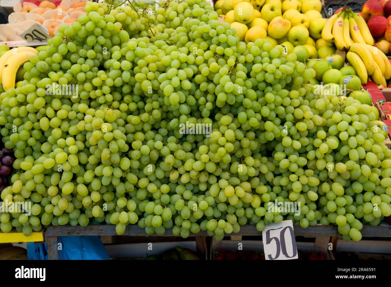 Vigne de raisin (Vitis vinifera) au stand de fruits, marché, Rovinj, Istrie, Croatie Banque D'Images