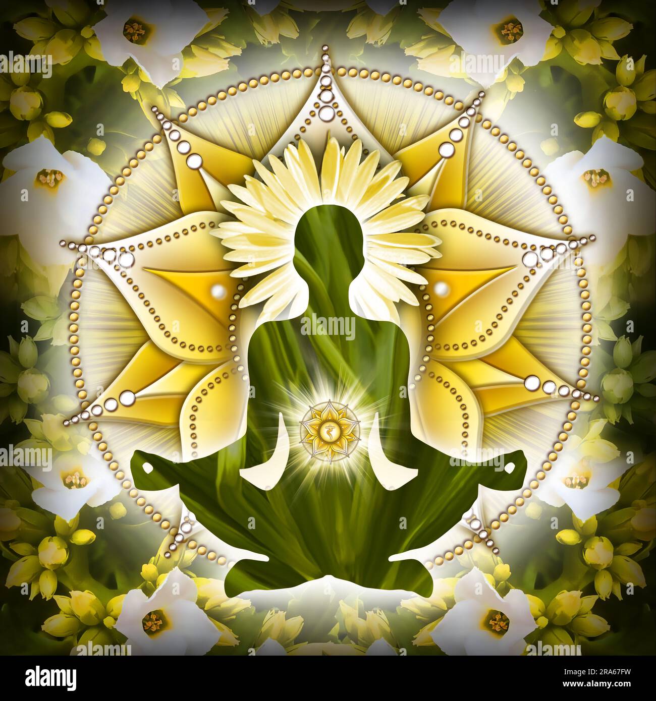 Méditation chakra du plexus solaire en posture du lotus yoga, devant le symbole du chakra Manipura et de belles fleurs printanières. Banque D'Images