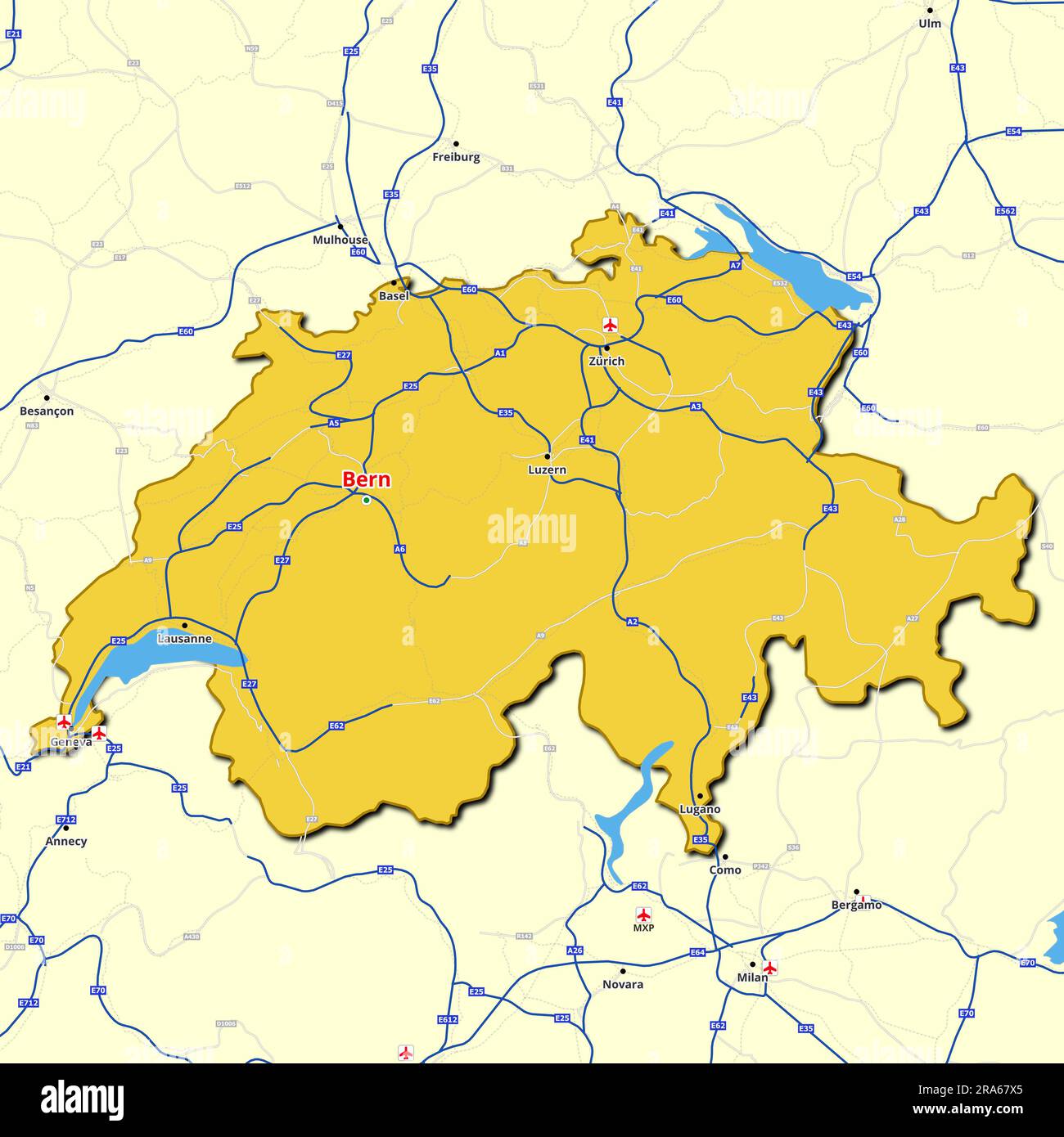 Carte de la Suisse avec routes principales et autoroutes Photo Stock