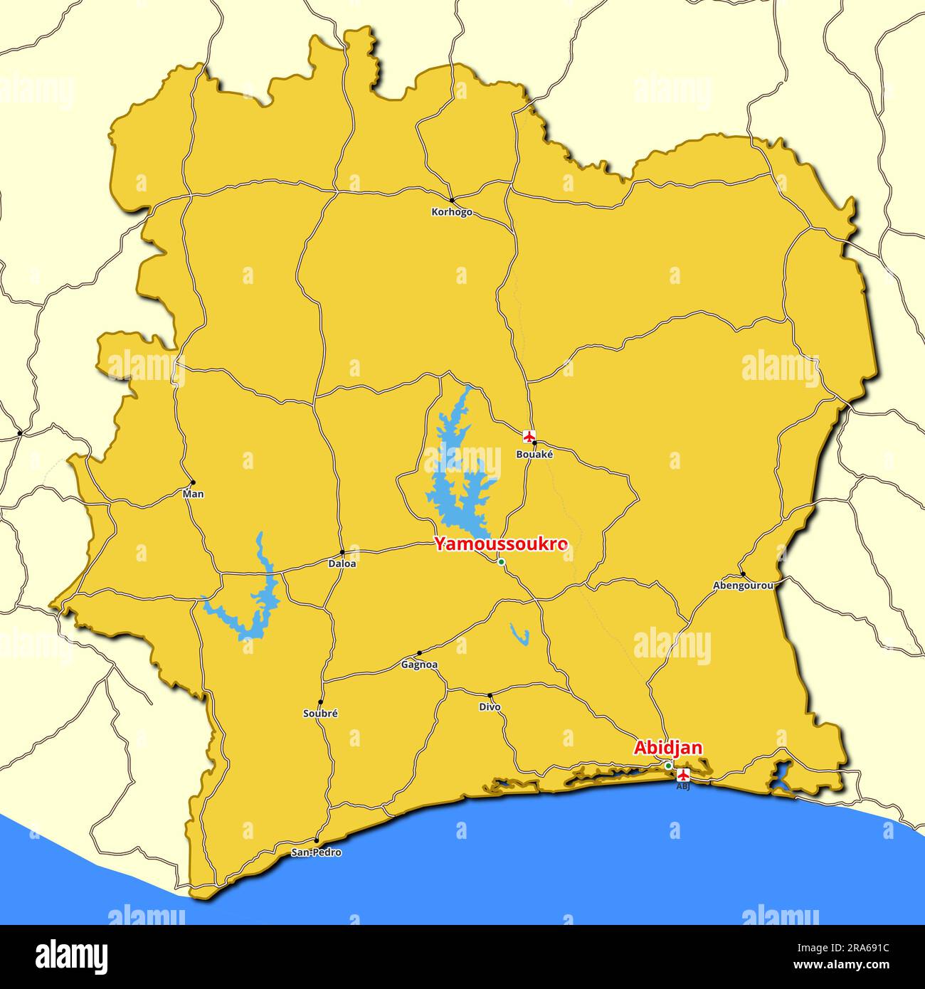 Carte de Côte d'Ivoire avec routes principales et autoroutes Photo ...