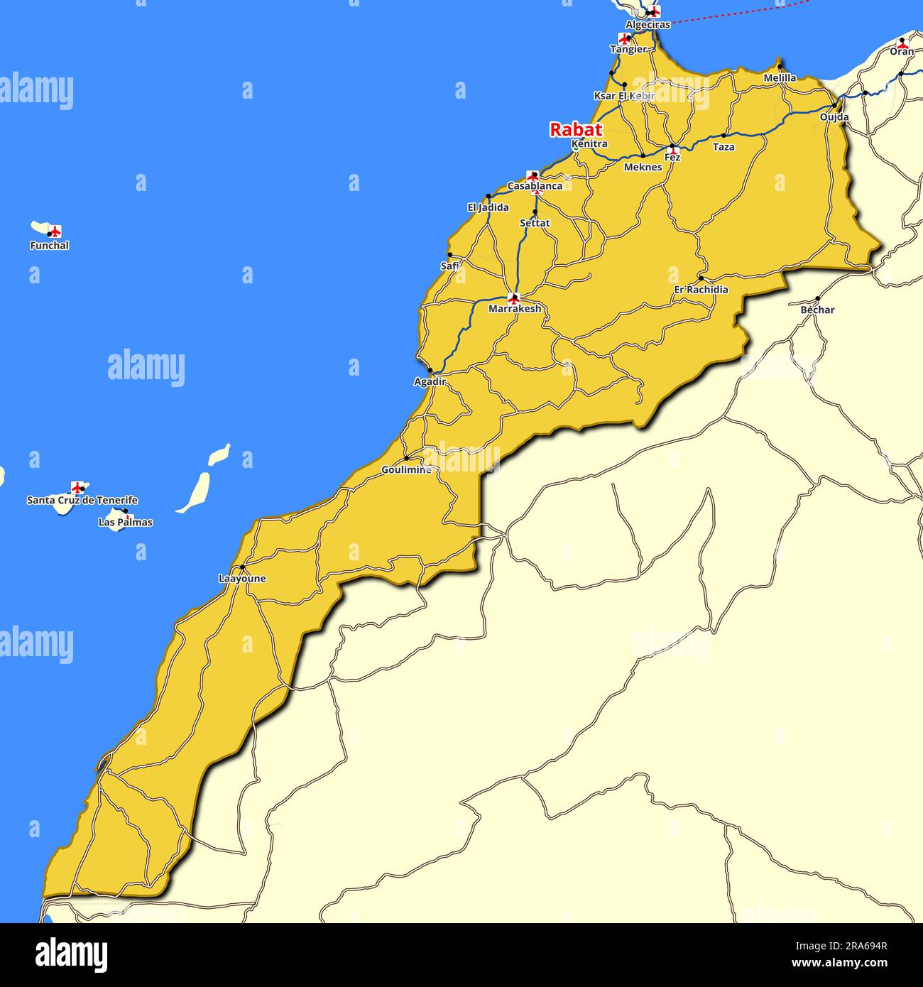 Carte du Maroc avec routes principales et autoroutes Banque D'Images