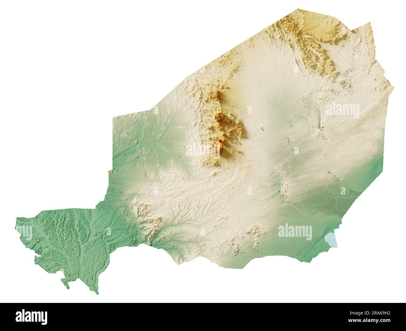 Niger. Rendu 3D très détaillé de la carte de relief ombré avec les rivières et les lacs. Coloré par élévation. Arrière-plan blanc pur. Données satellite. Banque D'Images Niger. Rendu 3D très détaillé de la carte de relief ombré avec les rivières et les lacs. Coloré par élévation. Arrière-plan blanc pur. Données satellite. Banque D'Images