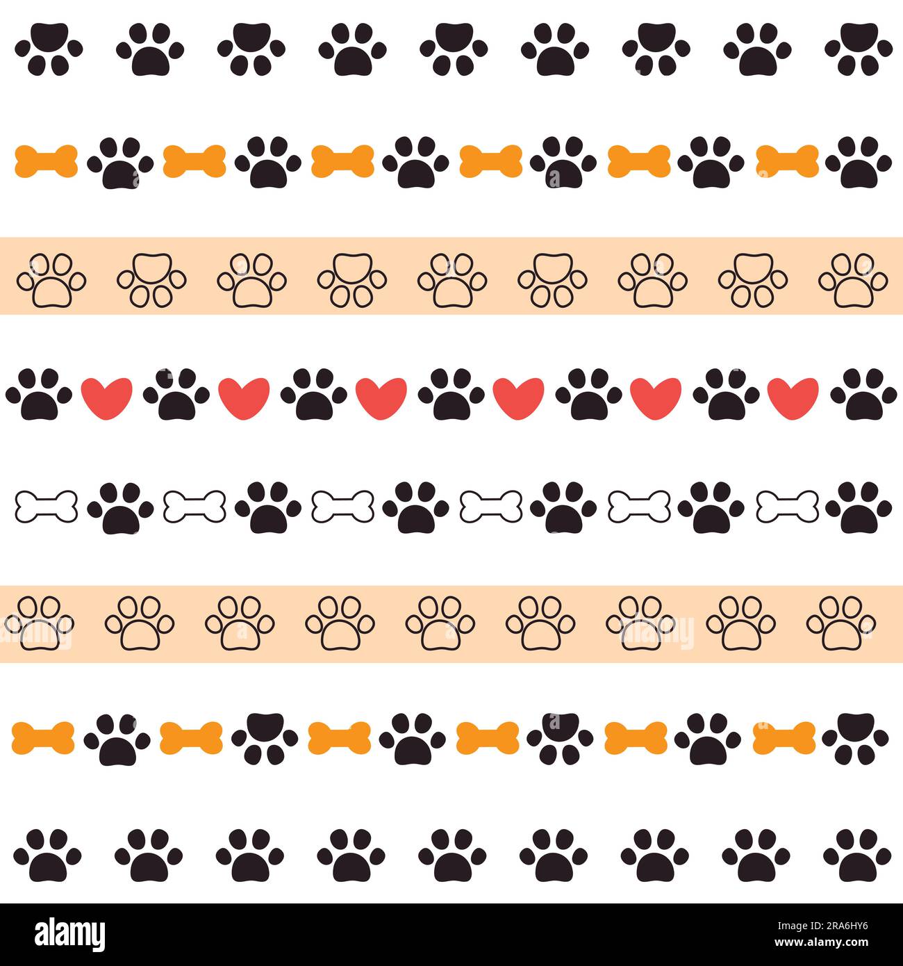 Bordure de patte d'animal de compagnie. Bordures sans couture pour empreintes de chat ou de chien pour des impressions de conception. Jolie illustration vectorielle avec pattes, os et coeurs. Illustration de Vecteur