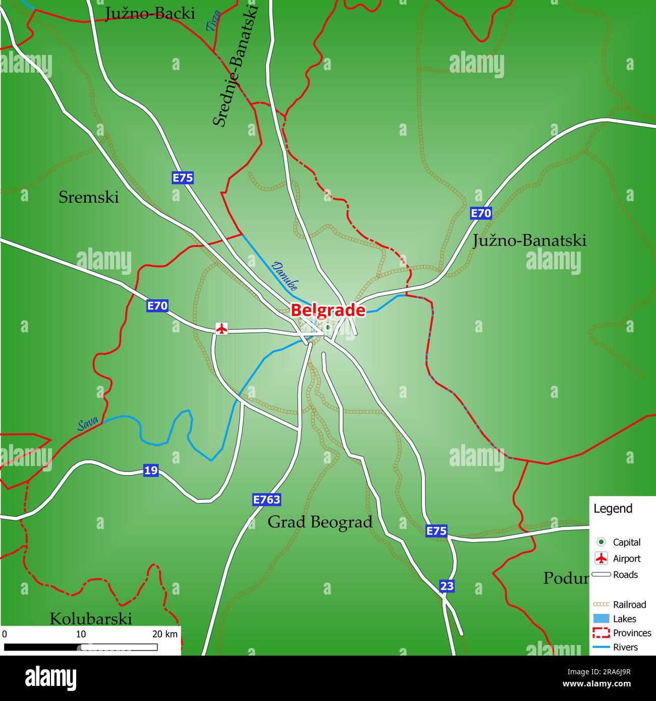 Carte de la capitale Belgrade avec les rues principales, les rivières, les lacs, les zones urbaines et les noms des comtés à proximité Banque D'Images