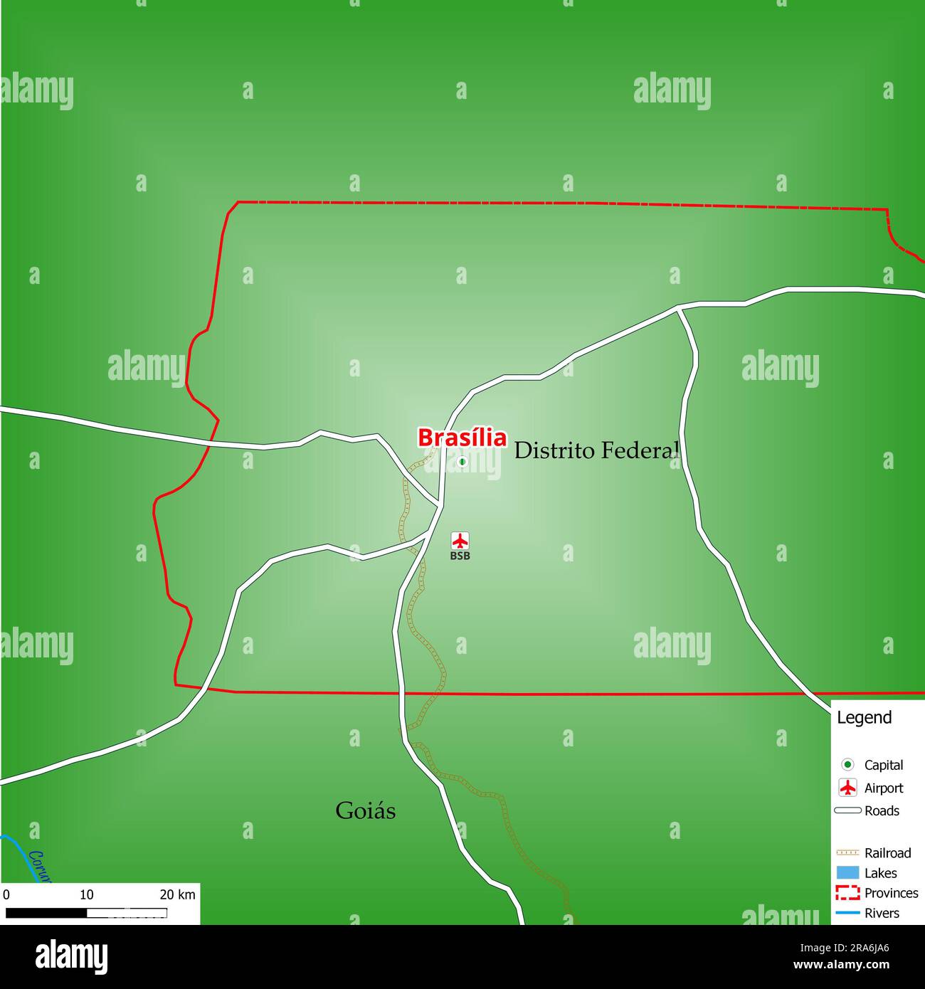 Carte de la capitale Brasília avec les rues principales, les rivières, les lacs, les zones urbaines et les noms des comtés à proximité Banque D'Images