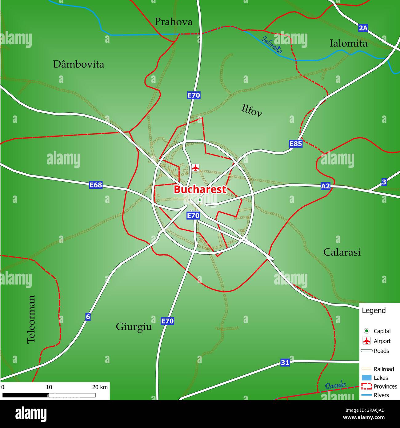 Carte de la capitale Bucarest avec les rues principales, les rivières, les lacs, les zones urbaines et les noms des comtés à proximité Banque D'Images