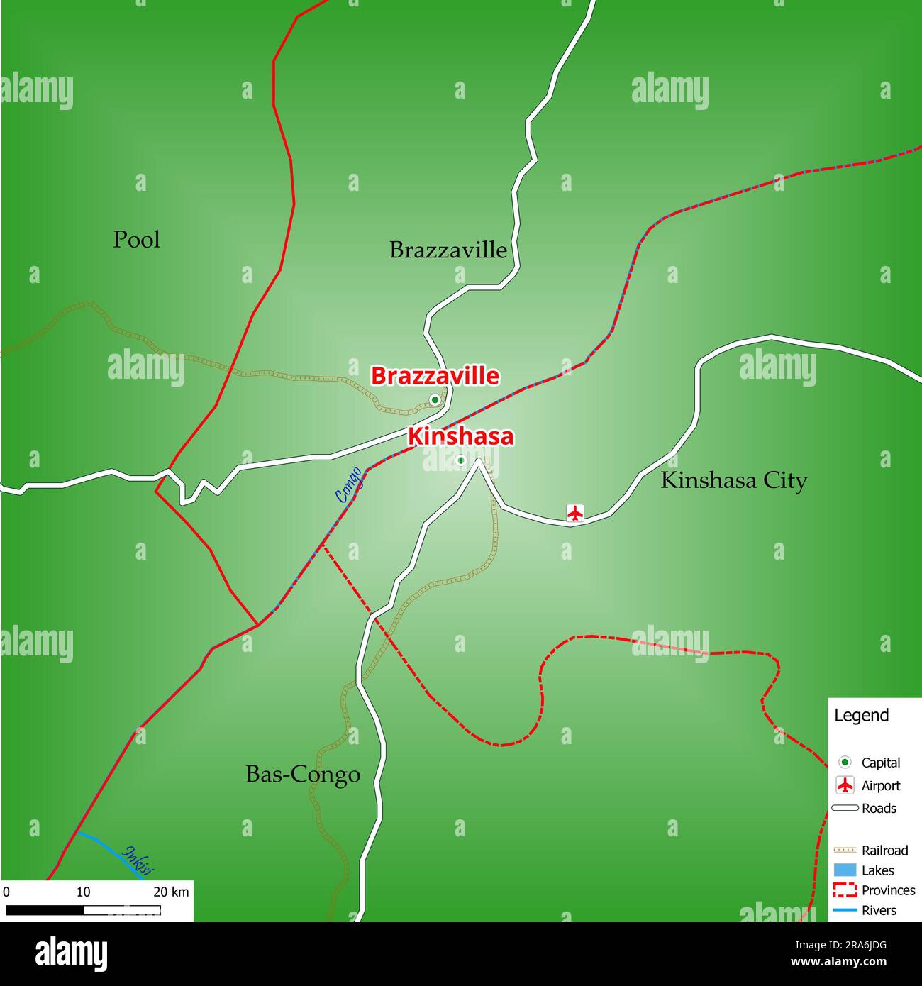 Carte de la capitale Kinshasa avec les rues principales, les rivières, les lacs, les zones urbaines et les noms des comtés à proximité Banque D'Images