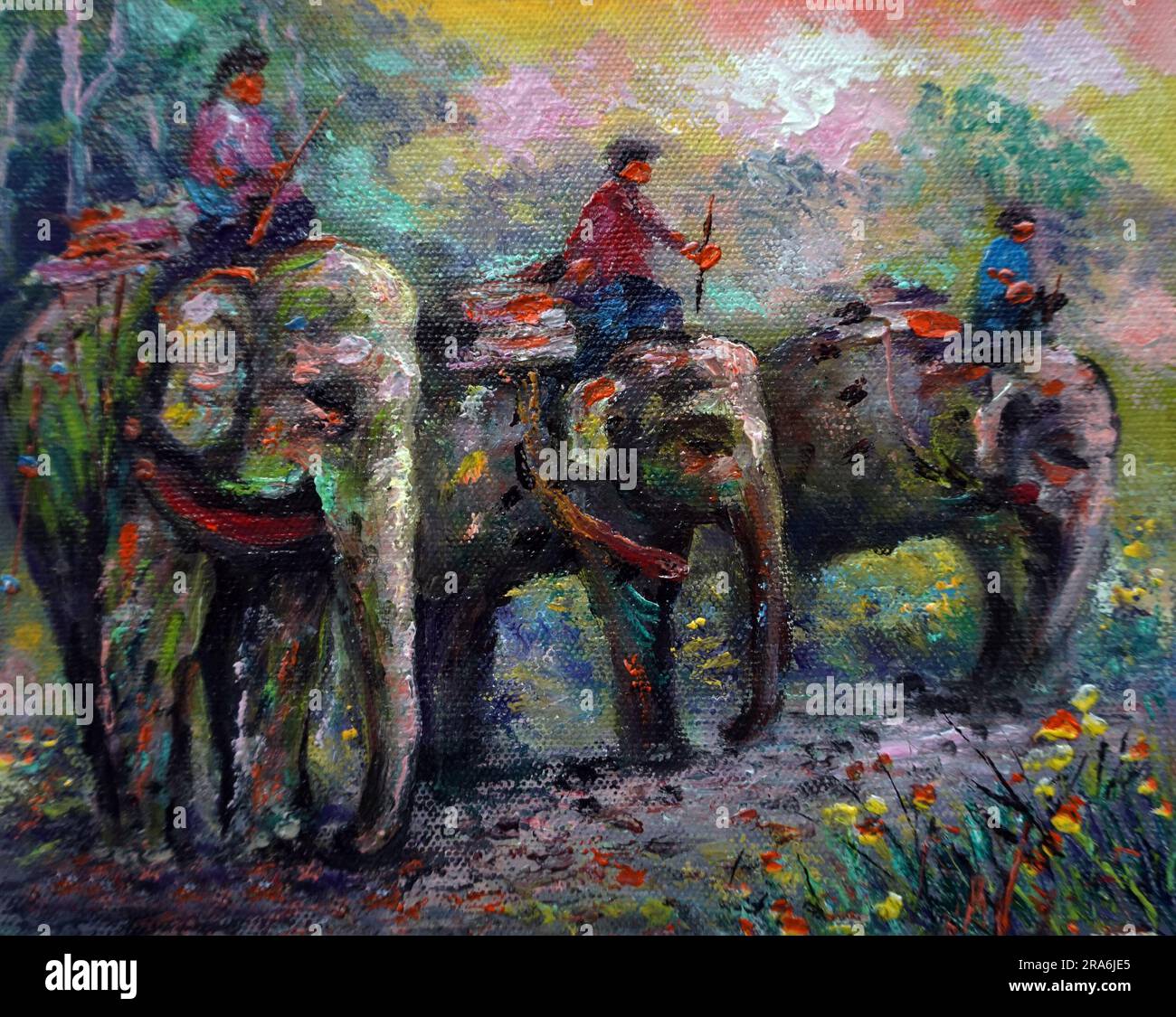 Peinture d'art couleur de l'huile famille des éléphants Banque D'Images