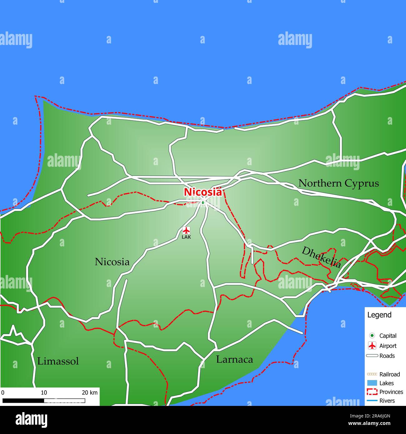 Carte de la capitale Nicosie avec les rues principales, les rivières, les  lacs, les zones urbaines et les noms des comtés à proximité Photo Stock -  Alamy
