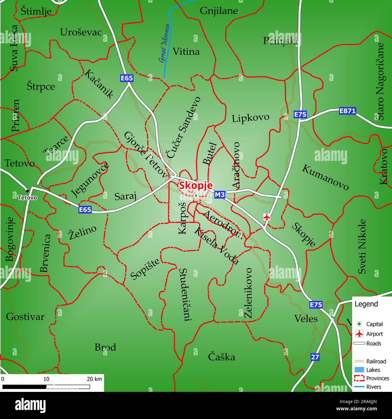 Carte de la capitale Skopje avec les rues principales, les rivières, les lacs, les zones urbaines et les noms des comtés à proximité Banque D'Images