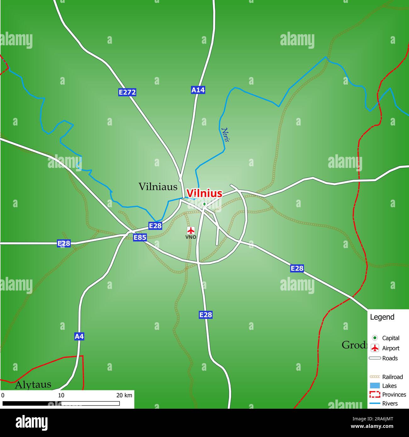 Carte de la capitale Vilnius avec les rues principales, les rivières, les lacs, les zones urbaines et les noms des comtés à proximité Banque D'Images